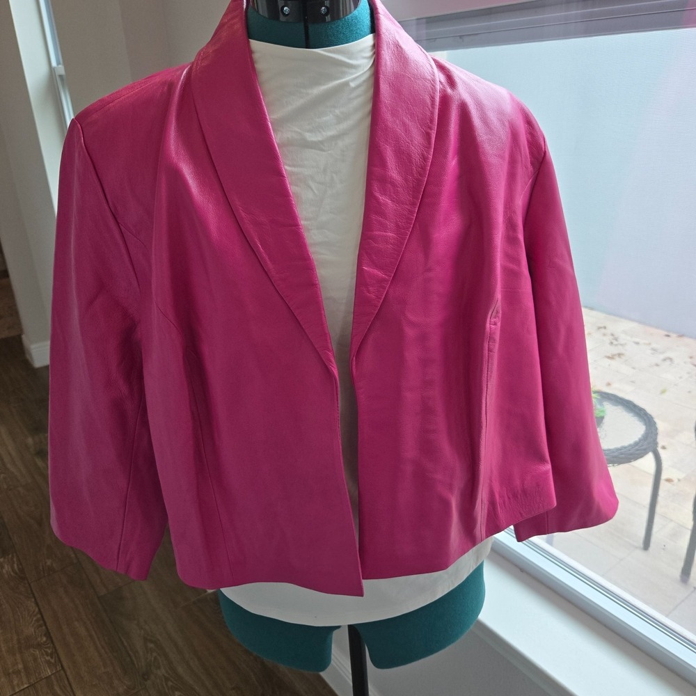 Jessica London Womens Pink Leather Short Open Jacket Size 18W Lined 3/4 Sleeves